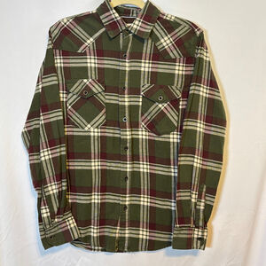 Wrangler Plaid Flannel Shirt M S Green Burgundy Western Snap Style Workwear